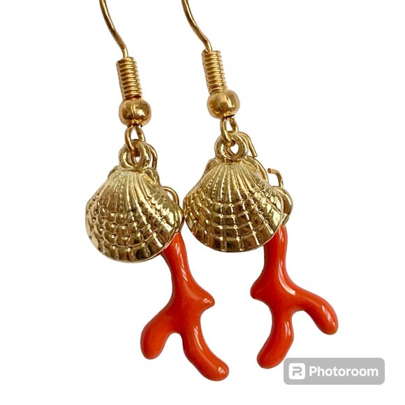 Gold Coral Sea Shell Charm Earrings Red Orange Island Beach Nautical Plated - Picture 1 of 8